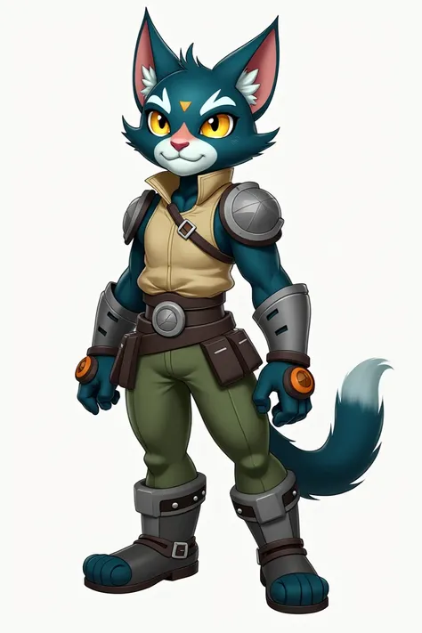  Anthropomorphic Feline ,  by dark teal blue ,  white facial marks ,  pink triangular nose ,  yellow eyes and black pupils , boots,  gray belt with silver buckle , greenish leggings , BEIGE VEST ,  pair of shoulder pads and knee pads ,  brown utility band ...