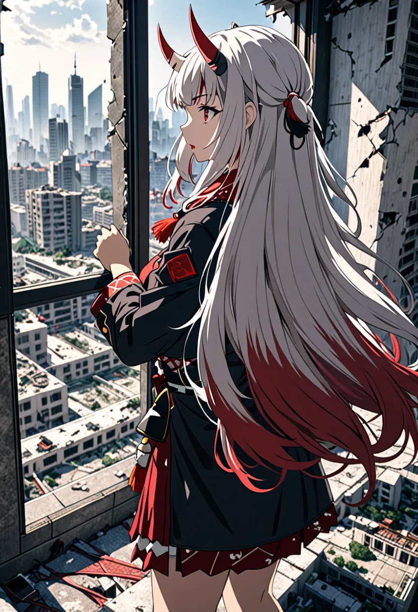 8K Ultra High-Quality, ultra-detailed, High quality, Nakiri ayame, white oni horns, long hair, side view, standing infront of window, modern bedroom, bombed city, destroyed city background, right hand touching the wall
