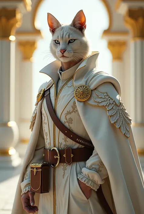 (Best quality)), ((perfect CG)), ((masterpiece)), 8k (detailed), ((perfect face)), perfect proportions, full body of human male with cat features, cat ears, (((no human ear))), ((whiskers)), ((espresso color fur)), clean face, shaved face, blue eyes, white...