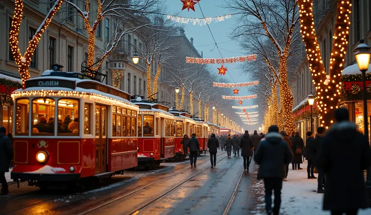 A bustling Christmas street scene with vintage trolley cars decorated in festive lights, people walking along the streets wrapped up against the cold weather, surrounded by colorful decorations and snowflakes falling gently from the sky. The setting is rem...