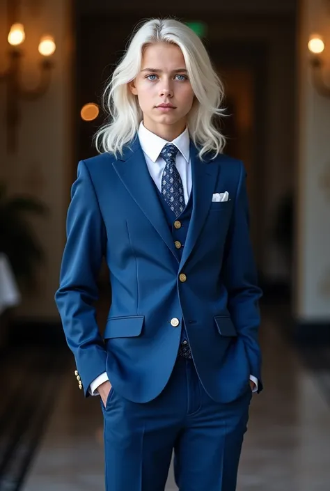 Teenage boy
Countries in Russia
Ages
Skin color  : white
Long white hair back 
Light blue eyes
Height 1,57 tall
Standing photo
Luxury blue suit
tie
Very handsome boy   