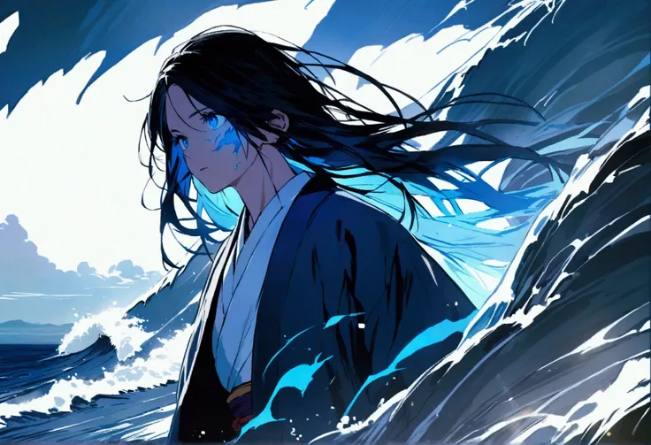  on the back, Holding a samurai knife with a blue flame, Animated long-haired man wearing Japanese clothes with waves on his face , Landscape zoom , white background ,Animated Cover ，HD