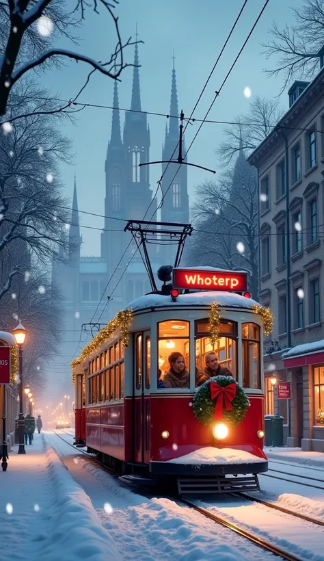 "A vintage white and red tram is traveling down a snow-covered street in a European city. The tram is decorated with Christmas lights and wreaths, and there are passengers inside looking out the windows. The street is lined with snow-covered trees and buil...