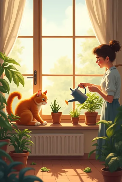 The orange cat, now fully grown, lounges in a sunny window as the woman waters her plants.  
"You’re my little sunshine," she tells him.  
He stretches contentedly, his tail flicking in response. illustration image