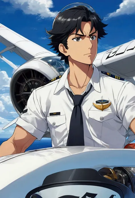 Anime style,The sky above the Pacific Ocean, the horizon, ((a pedal-powered airplane)), a male pilot, black hair, short hair, muscular, a white shirt with the word wind written on it, a strong expression,