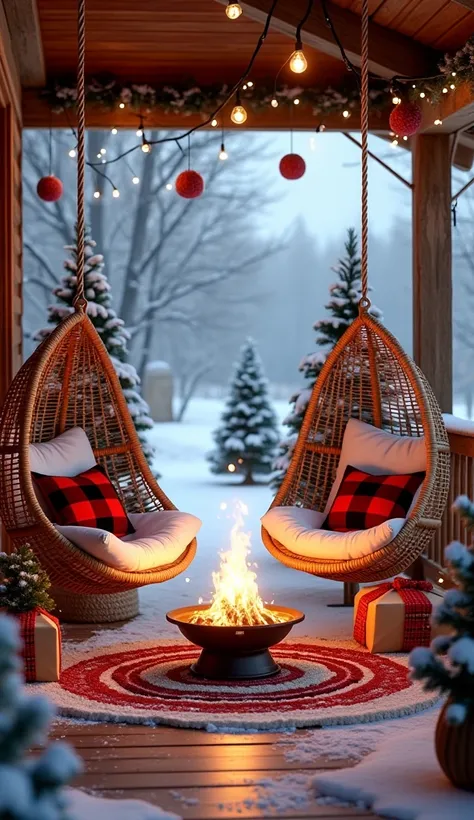 a cozy winter scene on a wooden porch, likely during Christmas time. Snow is gently falling, adding to the festive atmosphere. 
Foreground: Two wicker hanging chairs with white cushions and red and black plaid pillows take center stage. A fire bowl burns b...