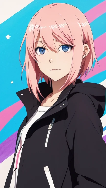 Anime girl with pink hair, blue eyes, wearing a black jacket, an anime drawing by Kamagurka, Pixar, realism, Cute anime girl portraits, anime style image, Cute anime girl portrait, anime girl portrait, anime art style, high quality anime art, anime style c...