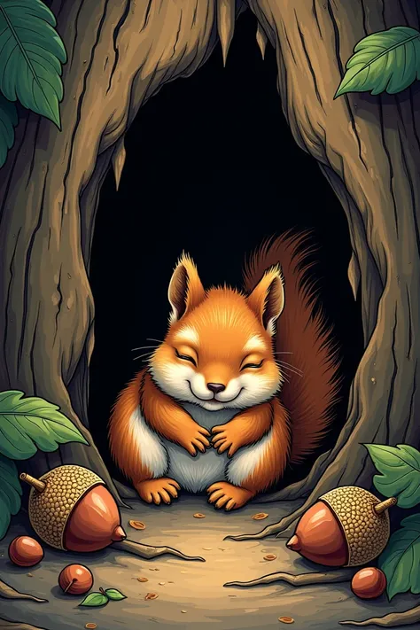 Illustration comic book style of a realistic small squirrel sleeping in wooden trunk, dark soroundings, some dry leaves and walnuts and aichorn 