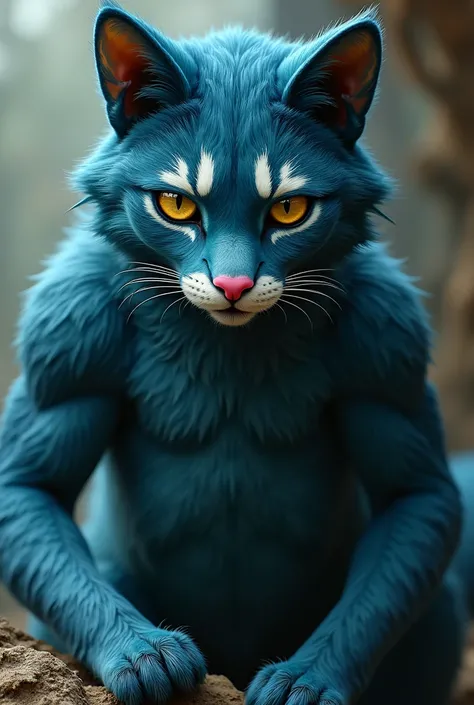  Anthropomorphic Feline ,  by dark teal blue ,  white facial marks ,  pink triangular nose ,  yellow eyes and black pupils,  without clothes, Blue Penis , hairy testicles,  Blue testicles , pink nipples, muscular, Anthropomorphic appearance, Good quality, ...