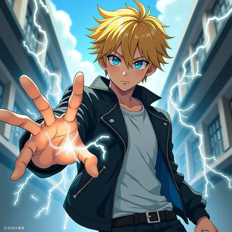 Boy with yellow hair,  leather jacket ,  school uniform,  blue eyes , Im wearing lightning on my hand, Japanese comics,  school background , 18 years old,  good-looking face, not cute face