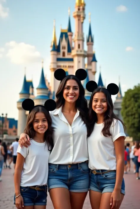 Mexican mom with her two daughters smiling in denim shorts and white blouse and dark hair and Mickey ears at the entrance of the Disney castle 