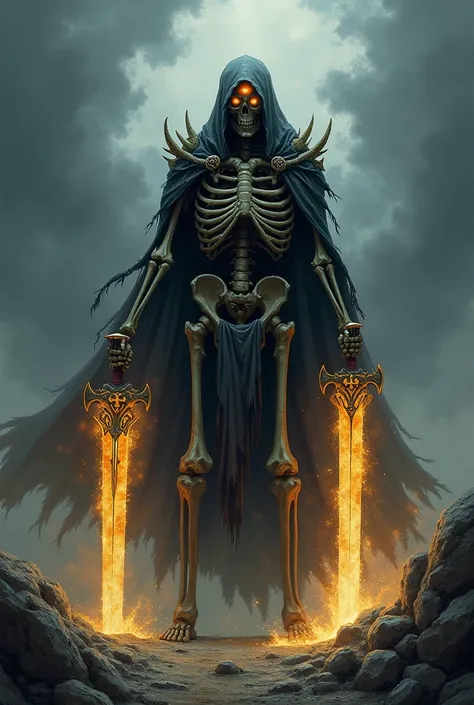 A dark art featuring a barbaric skeleton warrior wielding an arcane sword in each hand.  Awesome art 