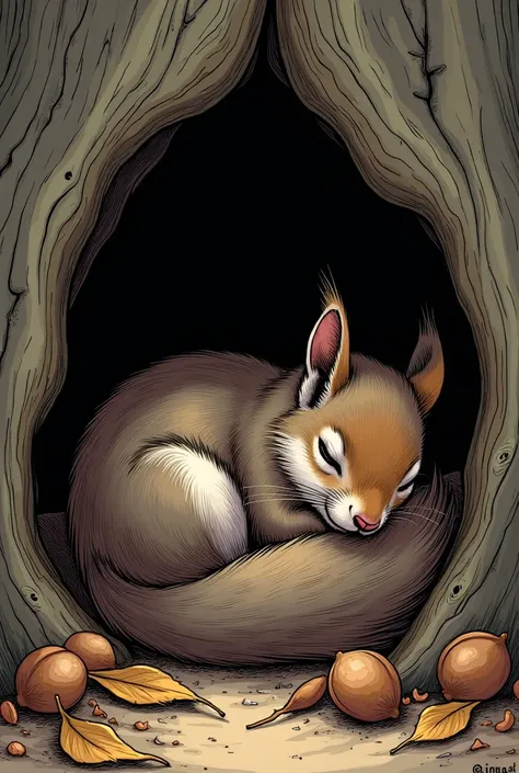 Illustration comic book style realistic small squirrel sleeping in wooden trunk, dark soroundings, some dry leaves and walnuts and aichorn 