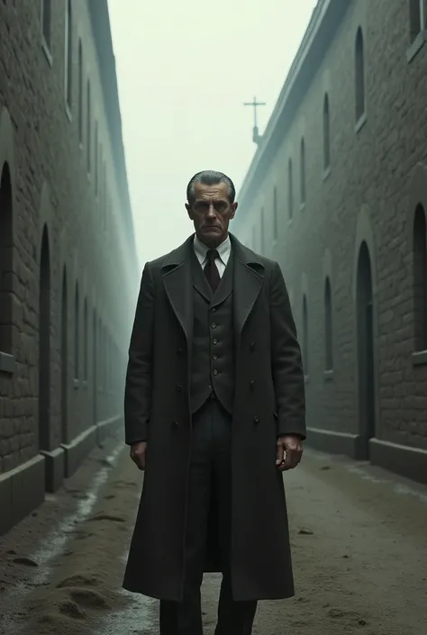 A stark prison yard during the early 20th century, surrounded by high stone walls. Robert ers middle aged wearing a worn suit and overcoat, stands tall and 