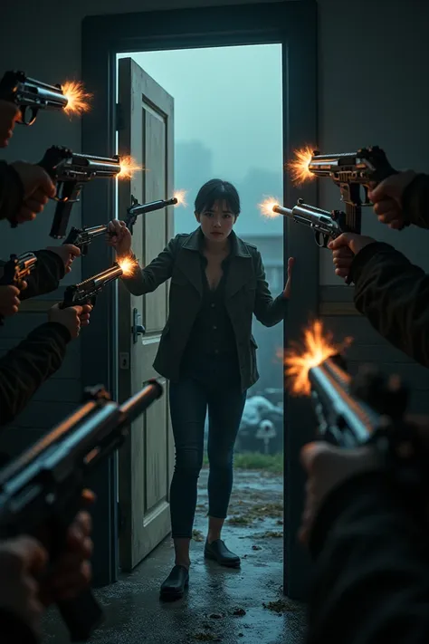 A person opening a door and outside a bunch of guns pointing at it 