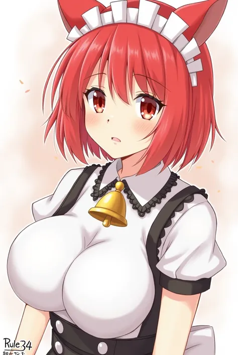  1 girl,  boobs,  Redhead, Short hair, Red eyes, Animal ears, bell, Maid headband, Red hair, rule34