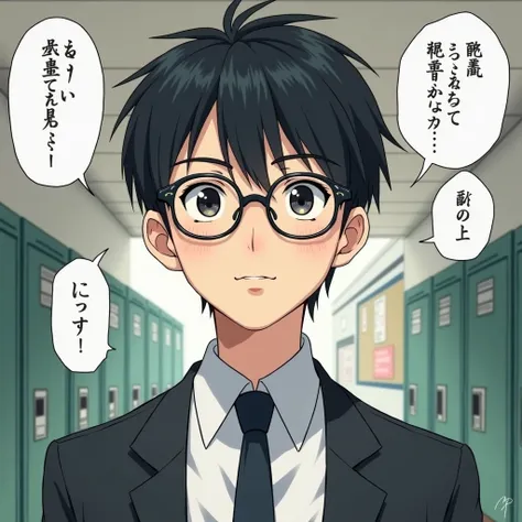 Boy with dark hair,  school uniform,  dark eyed,  round glasses, Japanese comics,  school background , 18 years old,  good-looking face, not cute face, Nerd