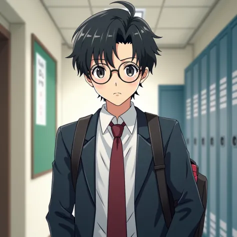 Boy with dark hair,  school uniform,  dark eyed,  round glasses, Japanese cartoon style,  school background , 18 years old,  good-looking face, not cute face, Nerd