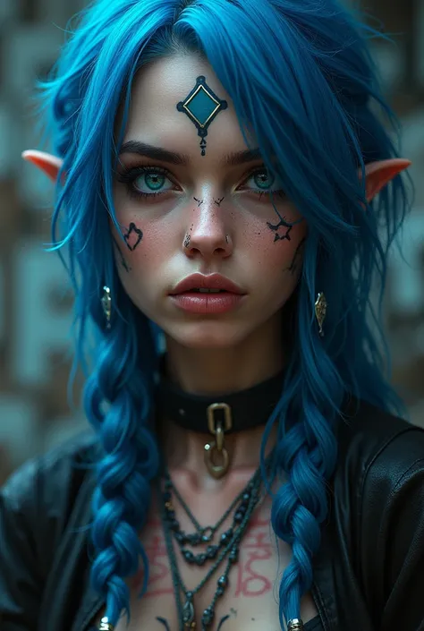  by Jinx from League of Legends Blue hair Blue eyes shown in great detail gloomy crazy tattooed has nose piercing very nice the real graphics that sets new standards Background Grafiti