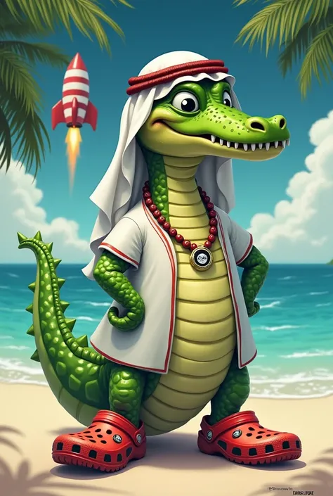 A crocodile with dragon traits wearing the brand crocs as shoes, looking rich and satisfied, wearing a white Arab tenue, and a Arab head wearing red and white and a black circle to keep the cloth, the crocodile should be green with red details, the imagery...