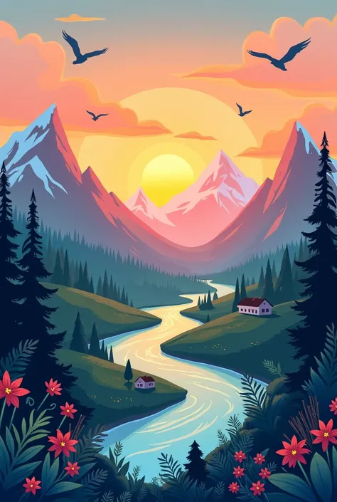 Sunset view mountain and river cartoon