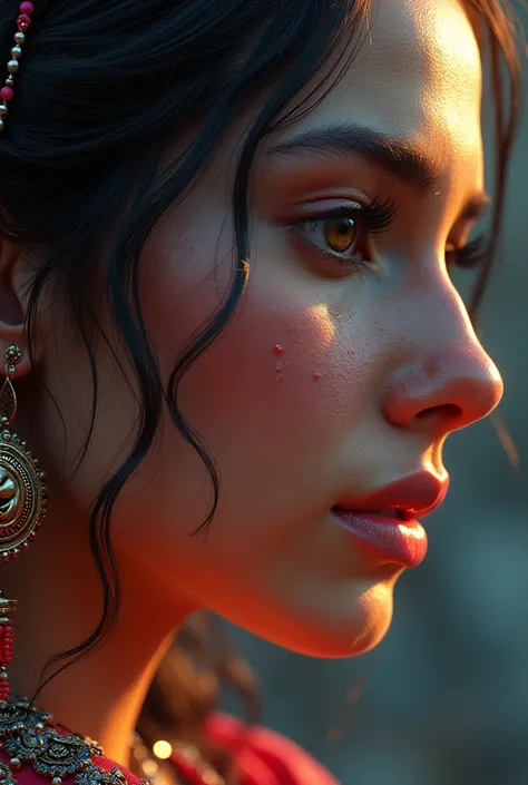 "indian woman head and shoulders portrait,indian boy kissing on neck, 8k resolution concept art portrait by Greg Rutkowski, Artgerm, WLOP, Alphonse Mucha dynamic lighting hyperdetailed intricately detailed Splash art trending on Artstation triadic colors U...