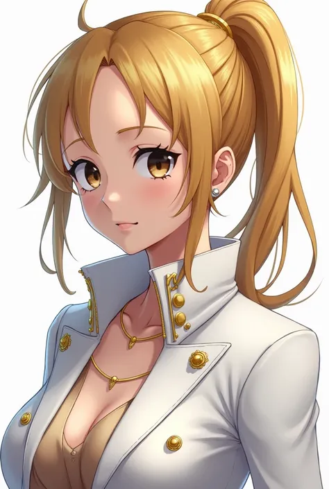  Nami in One Piece 、White coat、 with a standing collar 、Gold decoration on the coat、 High Quality ,  ponytail,  ahe face, 