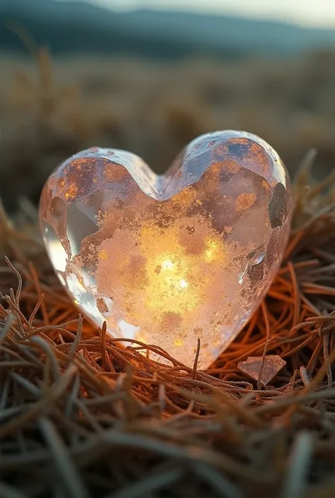 Closer and there are few crystal fragments around the crystal broken heart, there are few haystack around the heart and the light inside the heart