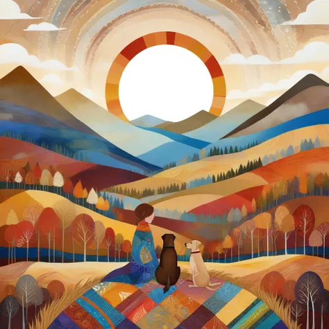 An illustration in the artistic manner of Laurel Burch, Sophie Wilkins, with skillfully dosed warm and cool colors, multicolored abstract bucolic landscapes, reminiscent of Golden Age illustrations, exuding sweet lyricism and romance. In a forest clearing ...