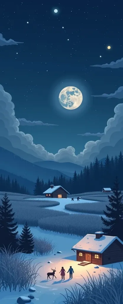 an illustration image, flat design, dark nuance image, long vertical and connected image. the first part is an image of night sky without moon and cloud, snow fields and five of people playing jetsky and snow. the second image is a grass fields, to the lef...