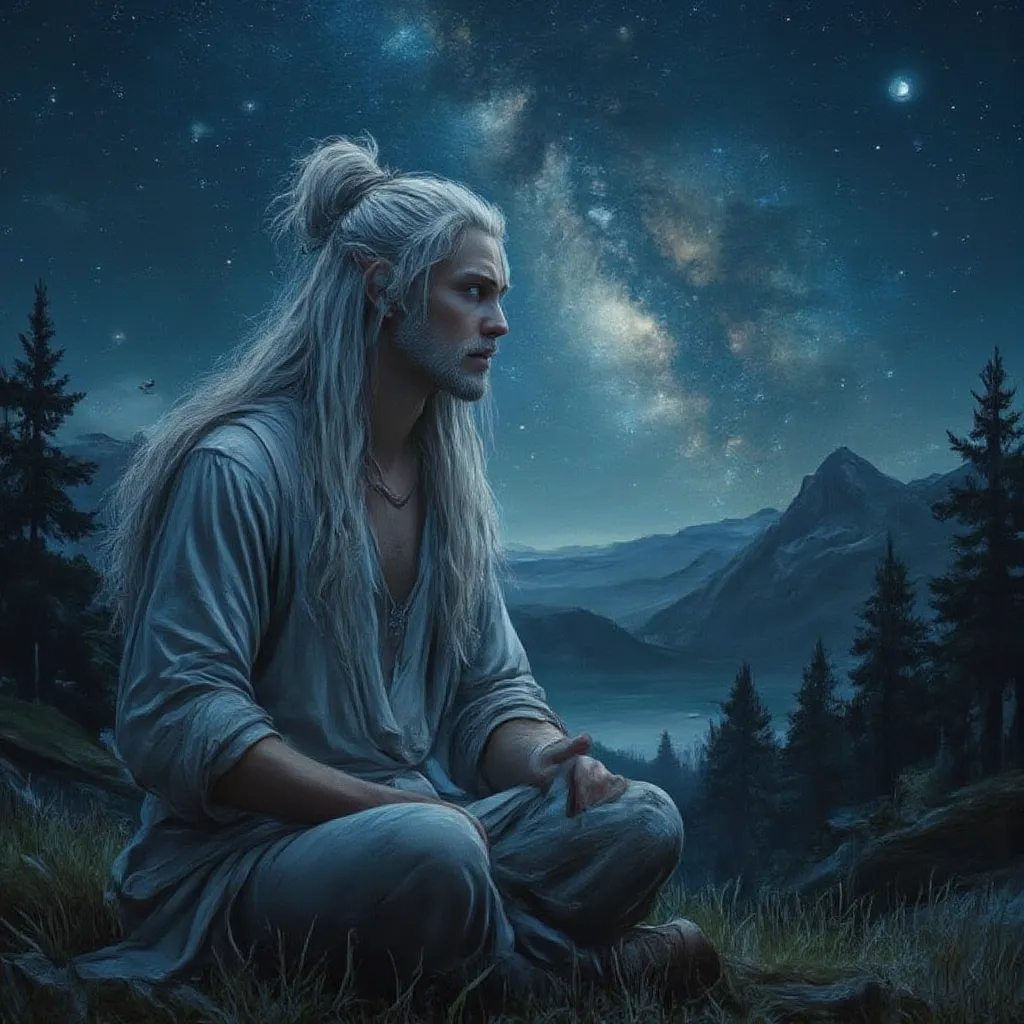 a photograph of a beautiful man with very long white hair, pointed elf ears, and natural blue eyes, no facial hair. his hair is ...