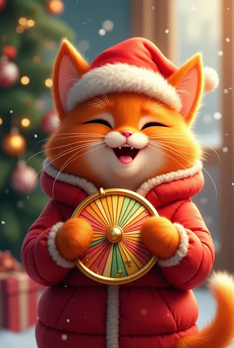 A joyful Red Cat in a Christmas hat and down jacket holds a wheel of fortune in his hands
