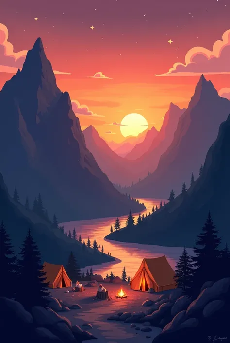 Sunset view dark mountain and river camp cartoon