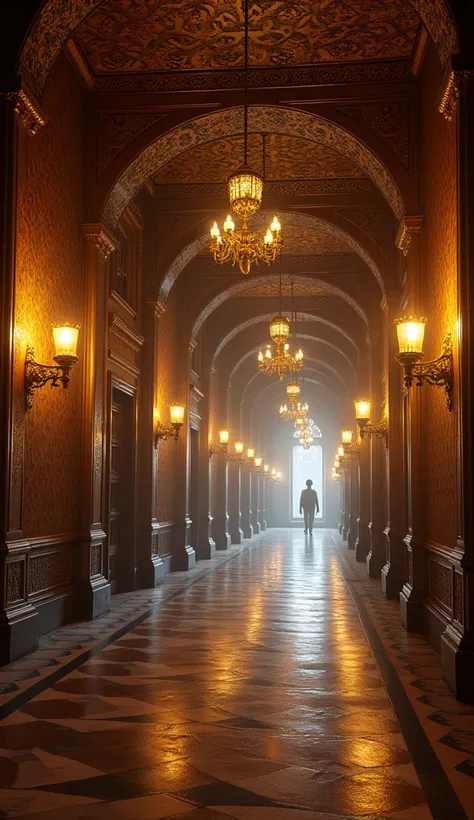 A grand Ottoman palace hallway with dim lighting. Ornate golden wall decorations, soft lighting, and detailed Ottoman architecture covering the corridor. Spiral staircases and intricately carved wooden doors with a tense, silent atmosphere.