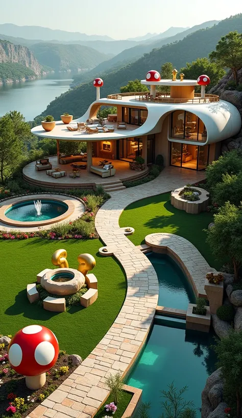 An extraordinary, luxury Mario Bros-themed modern house situated on a scenic cliffside, overlooking a lush green valley and sparkling river. The front view integrates futuristic, high-end architectural design with iconic Mario Bros elements for an unparall...