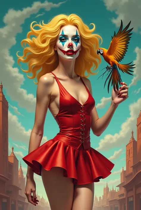 Clown Blondie woman in short sexy dress, a parot flying, background abstract surrealism style