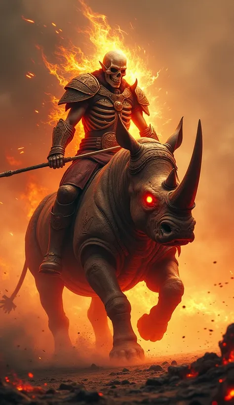 Sheleton warrior riding a red rhinoceros shrouded in fiery energy 