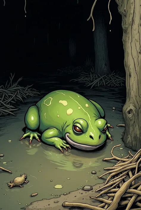 Illustration comic book style realistic small frog sleeping in sludge,dark soroundings, some dry leaves, hay, larvae 