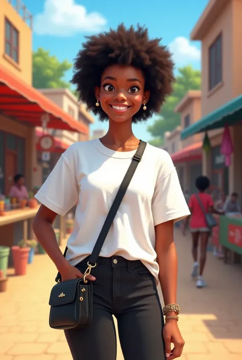 Create an image of a 14-year-old Nigerian girl with medium brown skin, a bright and cheerful face, and natural curly hair styled into a short afro. She is wearing a pure white oversized T-shirt with a relaxed fit, paired with fitted black jeans and clean w...