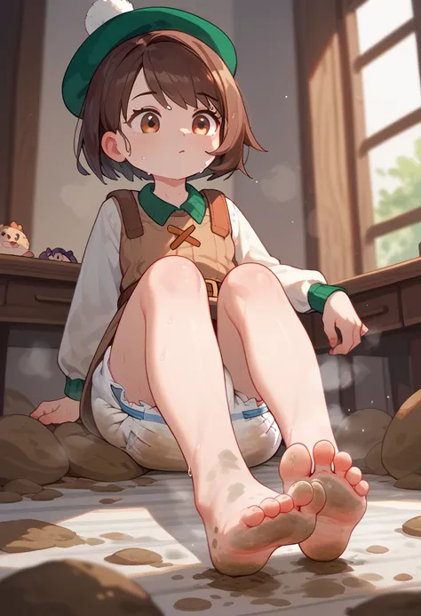 masterpiece, best quality, highres, gloria as a toddler, girl sitting, wet diaper, very cute, adorable, curious, barefoot sole, foot focus, dirt, smelly, stinky, steamy, sweaty