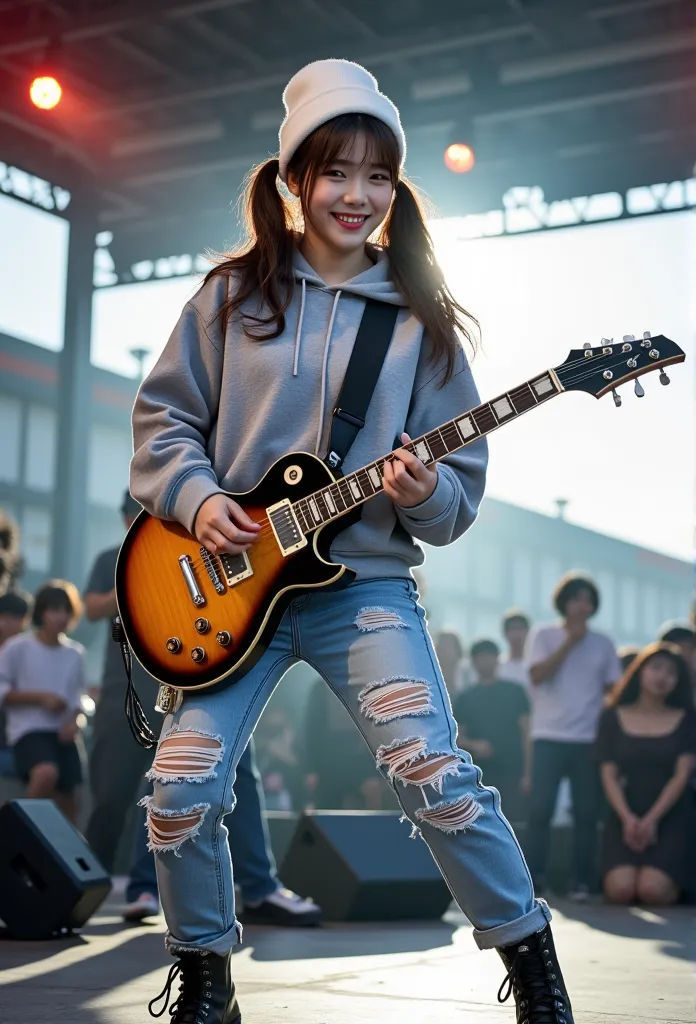 (beautiful japanese woman playing electric guitar on stage at an outdoor event)、daytime outdoor live performance、stratocaster、(b...