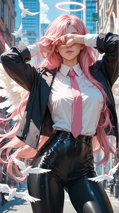 score_9, score_8_up, score_7_up, score_6_up, 1woman, long hair, pink hair, hair covering eyes, (black suit), white shirt, pink tie, black pants, angel wings, city