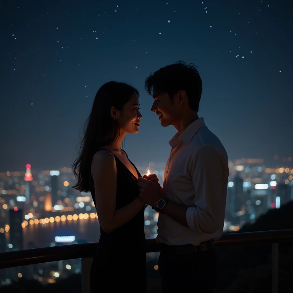 A young Japanese woman wearing a black dress、holding hands with a 30 year old Indonesian man。 , Beautiful night view, A very detailed 8K photo