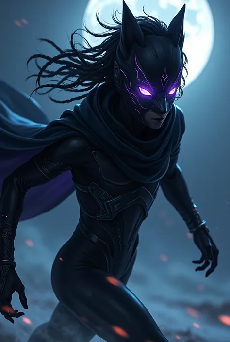 Jet black with streaks of silver, his hair twisted into dreadlocks his eyes were Piercing violet that glows faintly when he moves at high speeds. he Wears a sleek, black and dark grey bodysuit interwoven with enchanted threads that reduce drag and enhance ...