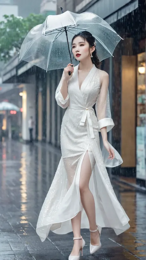 A beautiful Asian girl, porcelain white skin, high-end cosmetics, elegant dress, modern street in the rain. The photo creates a feeling of fluttering, loneliness in the cold rainy weather.