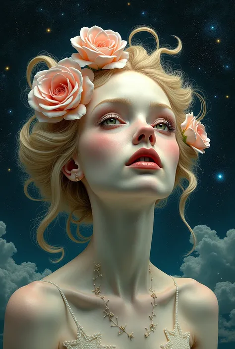 Surrealism style: A beautiful blondie female with multiple eyes, mouths, and roses, blending into a starry night sky.