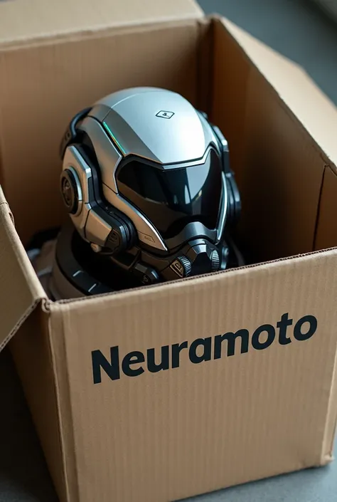 Generate me a corrogated box of helmet with name "NeuraMoto" 