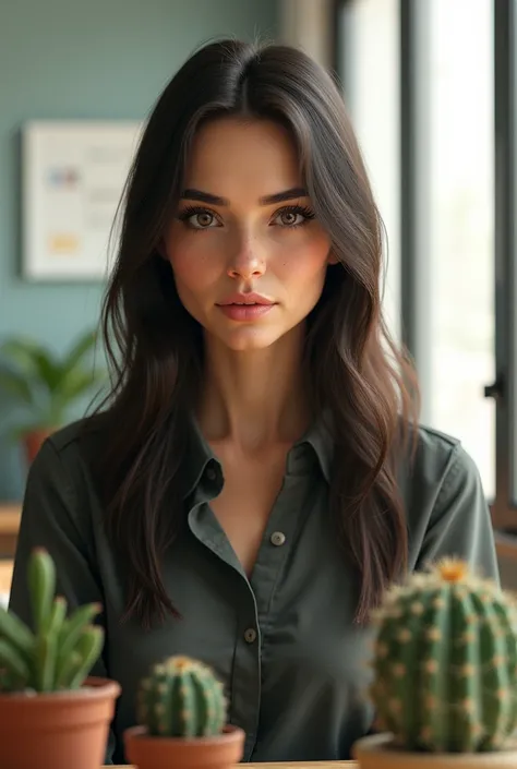 A tall teacher, aged 40,with dark brown straight hair down to her shoulders and brown eyes, thin lips, prominent facial features, a bit serious looking and a mole next to her lip. There is a window in the background and two small cactuses in front of the w...