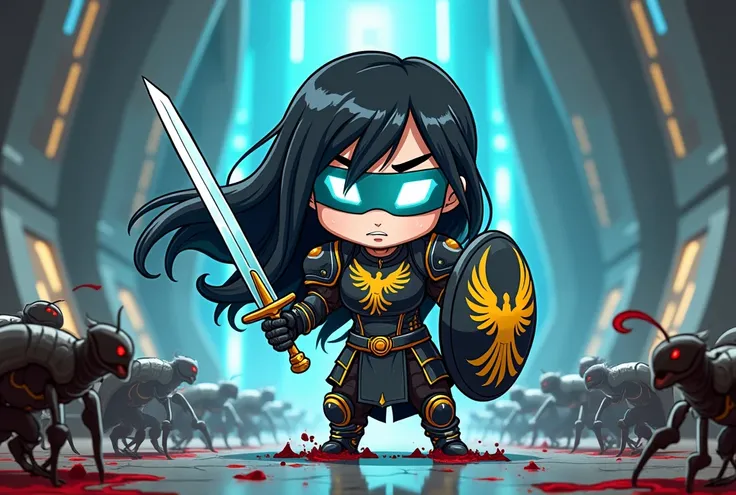 Create a full-body illustration in chibi style/ Cartoon of an angry woman , white skinned,  eyes covered by a cybernetic visor that emits a bluish glow from her horizontal lens and long black hair.  She wears a high-tech version of the Roman Praetorian Gua...