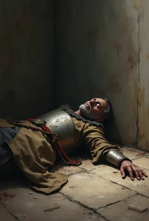 Don Quixote de la Mancha Viejo appears lying on the floor dying in pain